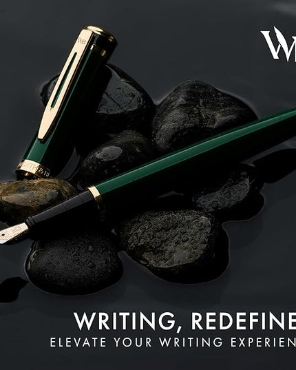Wordsworth & Black Fountain Pen Set, 18K Gilded Medium Nib, Includes 24 Pack Ink Cartridges, Ink Refill Converter & Gift Pouch, Gold Finish, Calligraphy, [Racing Green], Perfect for Men & Women