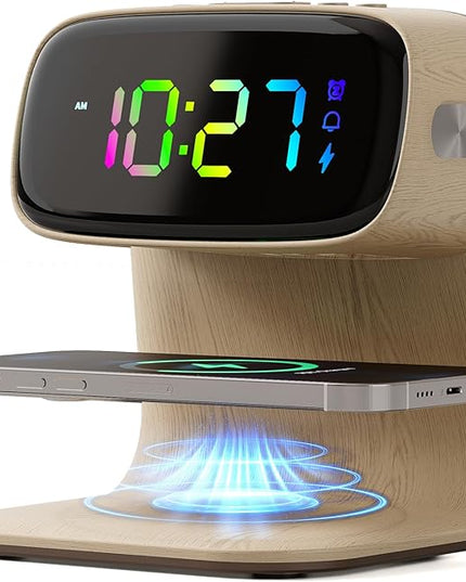 Digital Alarm Clock with Wireless Fast Charging Station 15W Touch Smart Lamp for Bedside,3 Colors Nightlight Adjustment Night Lamp for Living Room,Bedside,Heavy Sleepers (Woodgrain+Cable&Adapter)
