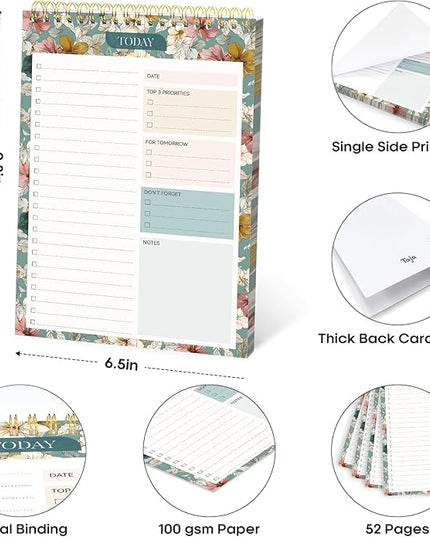 Taja To Do List Notepad - To Do List Notebook for Work with 52 Sheets, 9.8" x 6.5", Undated Daily Planner Perfect for Daily Tasks and Goal Setting, Notepad Suitable for Office, Home & School - Teal Petals