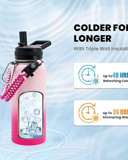Insulated Water Bottle 32 oz, Triple Wall Vacuum Stainless Steel (Cold for 48 Hrs), Leak Proof & Non-BPA, Modern Water Flask Jug with Paracord Handle & Straw Spout Lids, Ombre Pink