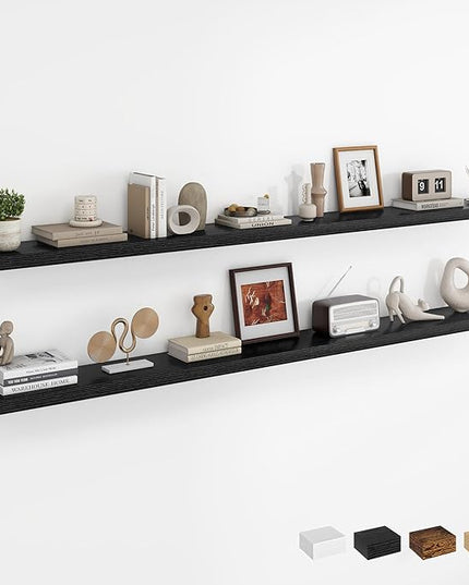 Dreamland 72Inch Floating Shelves for Wall, Rustic Wooden Black Floating Shelves for Living Room, Kitchen, Farmhouse, Deep Wall Mounted Book Shelf, Wood Storage Display Shelf for Home Decor, Set of 2