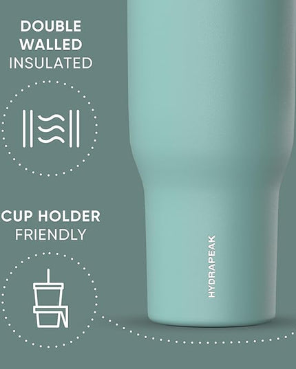Hydrapeak Voyager 40 Oz Stainless Steel Tumbler with Handle, Insulated Water Bottle With Straw & Lid, Cupholder Friendly Reusable Travel Mug (Pale Sage)