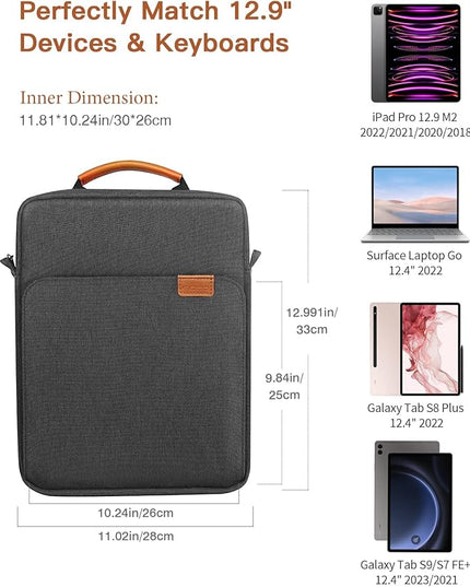 MoKo 12.9 Inch Tablet Sleeve Bag,Fits with 13 Inch New iPad Pro M4 & Air M2 2024,iPad Pro 12.9 M2&M1,Surface Laptop Go 12.4,Galaxy Tab S8+/S9+ 12.4,Handle Carrying Case with Shoulder Strap,Black &Gray