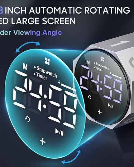 Digital Pomodoro Timer,Frosted Metal Productivity Cube Timer,1.8 in LED Digital Large Screen and Auto-Rotating Display,1/3/5/10/25/30/60min & Custom Time, Silent & Alarm,for Office, Study, Work(Grey)