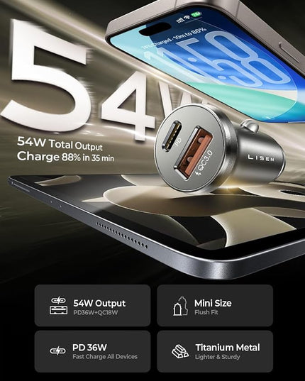 LISEN 54W Mini Cigarette Lighter Adapter Car Charger USB C Fast Charging, 12V Cigarette Lighter USB Car Charger Fast Charging Adapter, for iPhone 17 Pro Max 16 15 14 13 12 Plus Mini, Samsung S25 S24
