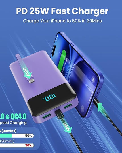 Portable Charger 40800mAh Power Bank with 3 Built-in Cables,PD 25W USB C in&Out Power Bank Fast Phone Charging,QC4.0 5 Output Travel Camping Essential Battery Pack for iPhone 17/16,Samsung etc-Purple