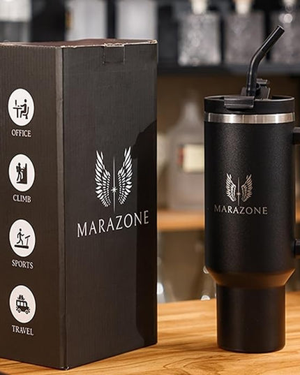 40 oz Insulated Tumbler with Handle and Straw – Stainless Steel Double Wall Vacuum Cup Fits Car Cup Holder, Hot Cold Travel Mug, BPA Free Reusable Water Bottle for Men Women - Midnight Black
