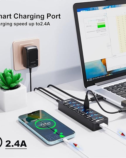Powered USB Hub 3.0,VEMONT 7 Ports Multi USB hubs and 1 USB Smart Charging Port with 5V/3A Power Supply,USB Extension Splitter with Individual On/Off Switches and 4ft/1.2m Long Cable for PC/Laptop