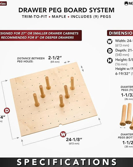 Rev-A-Shelf Trimmable Pegboard Drawer Divider Organizer, Trim to Fit Wooden Kitchen Cabinet Storage Utensil, Pots & Dish Rack, 24" x 21", 4DPS-2421