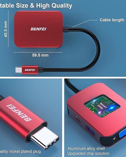 BENFEI USB C HUB 4-in-1, USB Type-C to HDMI VGA Adapter, USB C to USB Adapter, USB Type-C Power Delivery, Compatible with iPhone 15 Pro/Max, MacBook Pro/Air 2023, iPad Pro, iMac, S23, XPS 17