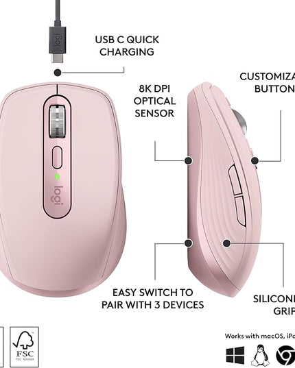 Logitech MX Anywhere 3S Compact Wireless Mouse, Fast Scrolling, 8K DPI Any-Surface Tracking, Quiet Clicks, Programmable Buttons, USB C, Bluetooth, Windows PC, Linux, Chrome, Mac - Rose