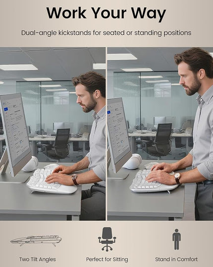 White Ergonomic Wireless Keyboard and Mouse Combo, 2.4G Full Size Ergo Wave Key Board with Cushioned Plam Rest, Natural Typing, 3 DPI Adjustable Silent Mouse for Computer/Laptop/Windows/Mac - Sablute