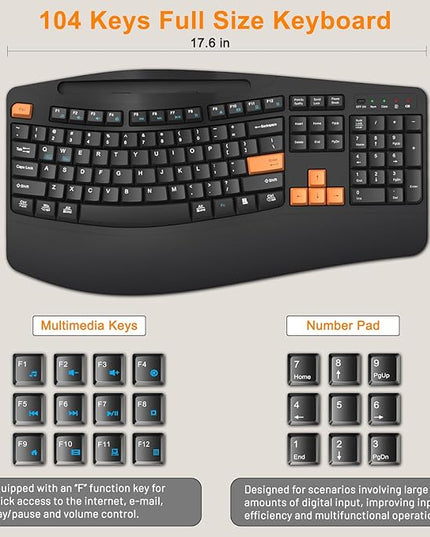 Wireless Keyboard and Mouse Combo, 2.4G Full Size Wave Keys Ergonomic Keyboard with Wrist Rest, Phone Holder, 3-Level DPI Wireless Silent Mouse with 6-Buttons, for Windows/Mac OS/Laptop(Orange Black)