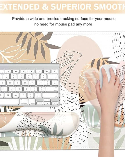 Keyboard Wrist Rest Large Mouse Pad Wrist Support for Computer, 4 in 1 Memory Foam Keyboard Pad Desk Mat Ergonomic Hand Rest Wrist Cushion for Home Office Gaming - Minimalist Plant