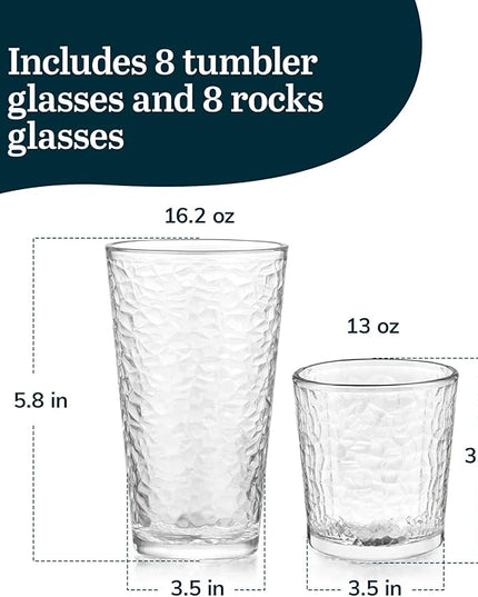 Libbey Yucatan Tumbler and Rock Drinking Glasses Set, Textured 16 Piece Glassware Set, All Purpose Glass Cups for Events and Everyday Use