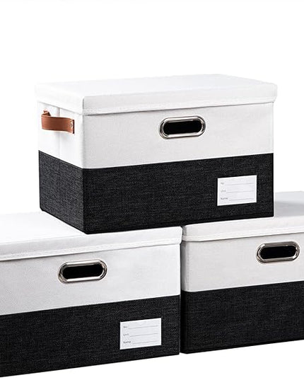 PRANDOM Foldable Storage Bins with Lids [3-Pack] Fabric Collapsible Storage Boxes Baskets Cubes Containers with Handles for Closet Living Room Bedroom (Black & White 14.9x9.8x9.8'')