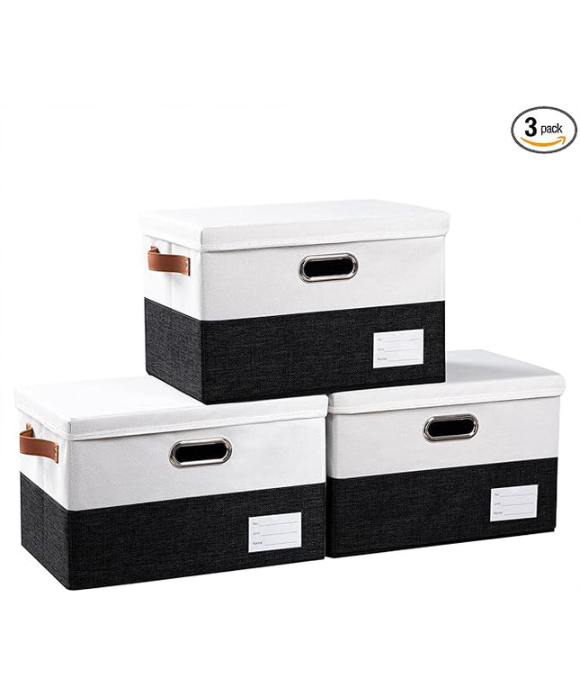 PRANDOM Foldable Storage Bins with Lids [3-Pack] Fabric Collapsible Storage Boxes Baskets Cubes Containers with Handles for Closet Living Room Bedroom (Black & White 14.9x9.8x9.8'')