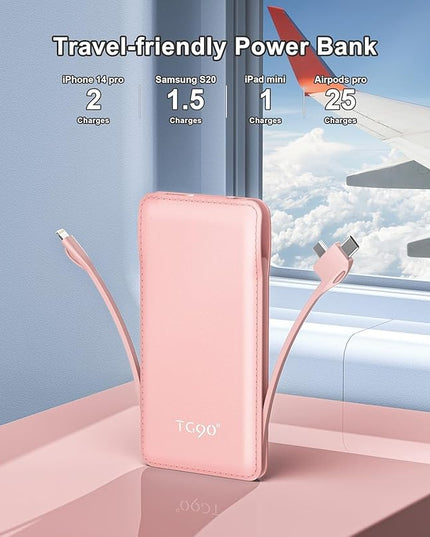 TG90° 10000mah Portable Charger Power Bank with Built-in Cables(No AC Plug),Travel Essentials Battery Pack with Cords Portable Phone Charger Compatible with iPhone and Android Smart Devices