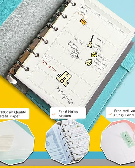 A7 Planner Refill,4 Packs per Set, Monthly Plan Paper, A7 Pocket Binder Refills Inserts 6 Ring with Label Stickers Gift,Mini Binder Refills,6 hole/100gsm Thick Paper/4.84 x 3.23'', Harphia