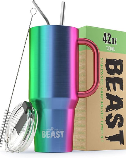 Beast 42 oz Tumbler with Handle Stainless Steel Vacuum Insulated Coffee Ice Cup Double Wall Travel Flask (Rainbow)