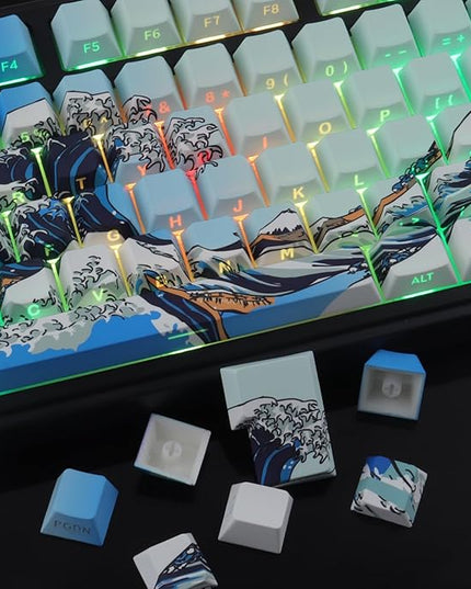 Tsungup PBT Keycaps 75 Percent,Side Print 131 Keys Custom Dye Sub Cool Shine Through Keycap Set,Wave of Kanagawa Dark Blue Keycaps Cherry Profile Keyboard Key Caps for Mechanical Keyboards