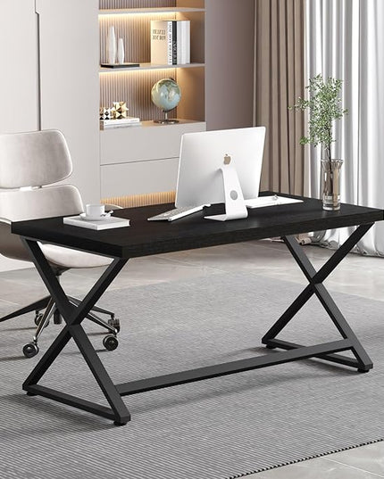 IBF Black Computer Desk, Simple Work Desk for Home Office, Industrial Writing Study Desk in Bedroom, Modern Wood Metal Pc Gaming Laptop Workstation Executive Computer Table, Black Oak, 47 Inch