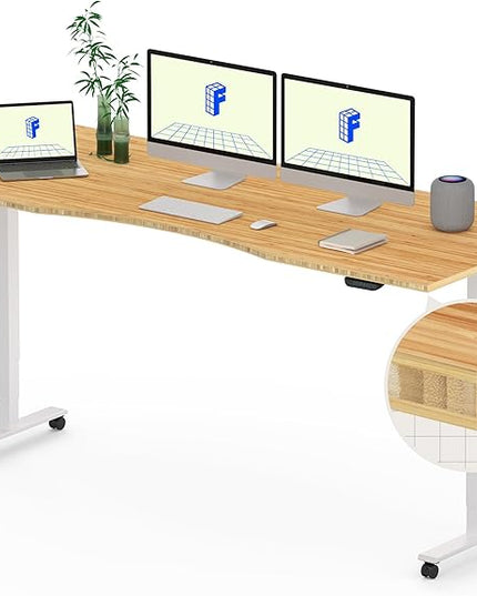 FLEXISPOT E6 MAX Bamboo 72x30 Inch Dual Motor 3-Stage Heavy Duty Standing Desk, 330lbs Weight Capacity, Height Adjustable Desk w/Cable Management & Wheels (Solid Bamboo Curved Desktop + White Frame)