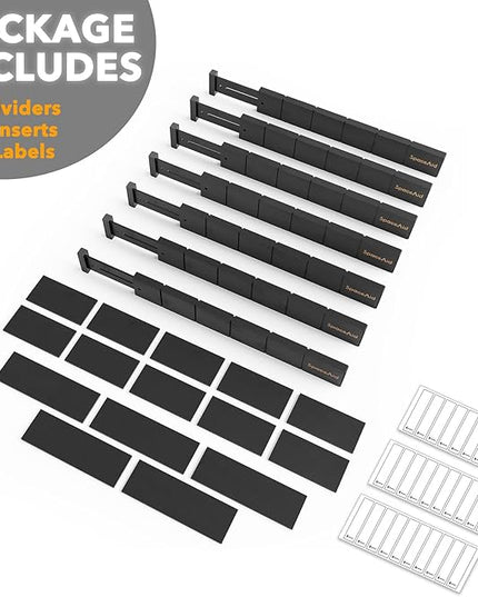 SpaceAid Bamboo Drawer Dividers with Inserts and Labels, Kitchen Adjustable Drawer Organizers, Expandable Organization for Home, Office, Dressers, 7 Dividers with 15 Inserts (17"-22" Black)
