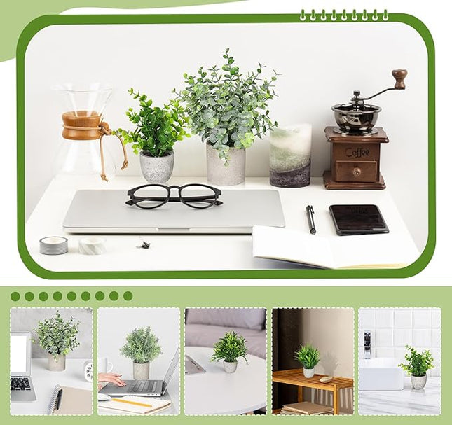 Fake Plants,5Pack Mini Potted Artificial Plant Small Faux Plant Indoor Outdoor for Home Decor,Eucalyptus Greenery Plastic Fake Green Grass Plants for Office Bathroom Shelf Farmhouse Coffee Table Decor
