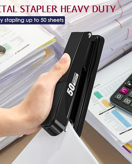 Metal Stapler Heavy Duty 50 Sheet Capacity with 1750 Staples and Staple Remover, Full Strip Staplers for Desk, No Jam, Non-Slip for Office & Classroom, Black