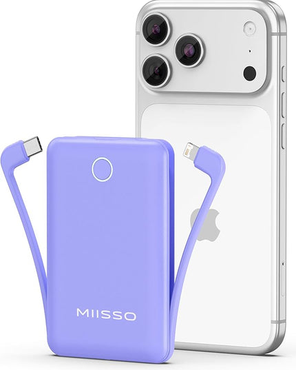 miisso 10000mAh Mini Portable Charger with Built in Cable, Pocket Size Power Bank Travel External Battery Pack for Phone, 3 Output USB Type C Cord Clutch Compatible with iPhone, Samsung, Purple
