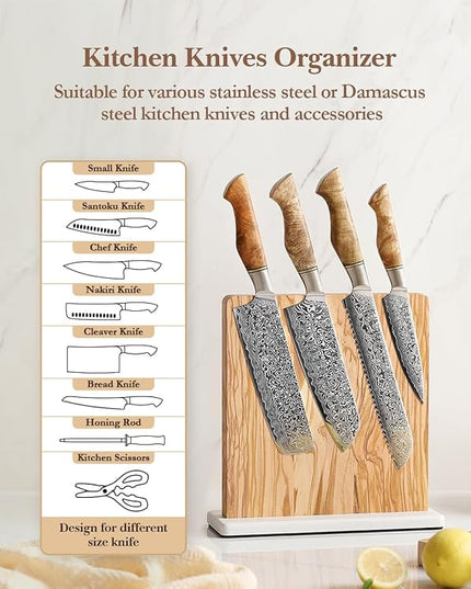 HEZHEN Double-sided Magnetic Knife Holder without Knives, Olive Wood Knife Block for Kitchen Counter, Space-saving Knife Storage, Strong Enhanced Magnets Strip, Non-slip Marble Base
