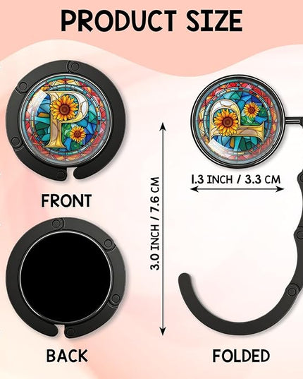 YAZMEEN Stained Glass Initial Foldable Purse Hook for Table, Stained Glass Letter P, Women's Handbag Hanger Holder, Portable Purse Table Hanger, Funny Desk Hook Gifts for Mom Wife Sister Friend BFF