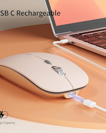 Uciefy Q5 Slim Rechargeable Wireless Mouse, 2.4G Portable Optical Silent Ultra Thin Wireless Computer Mouse with USB Receiver and Type C Adapter, Compatible with PC, Laptop, Desktop - Light Pink