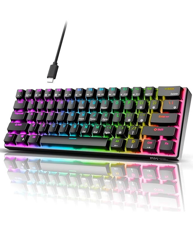 RK ROYAL KLUDGE RK61 Wired 60% Mechanical Gaming Keyboard Programmable QMK/VIA RGB Backlit 61 Keys Ultra-Compact Hot Swappable Brown Switch Black