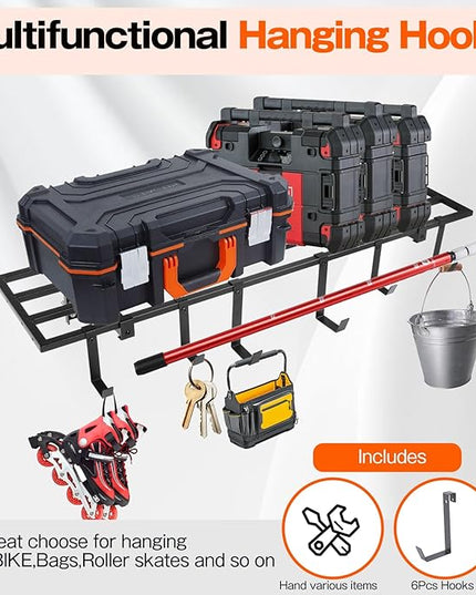 Garage Wall Shelving, 1X4 ft Garage Storage Rack,Heavy Duty Wall Mounted Storage Shelf With 12 Hooks-Each Loads 200lbs Metal Wall Shelf,Black,2Pack