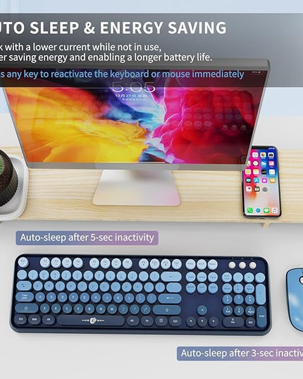 FOPETT Wireless Keyboard and Mouse Combo - 2.4G Full-Sized Cute Colorful Mouse and Keyboard with 104 Round Keys Retro Typewriter Keyboard for Laptop/Windows/PC - Blue Gradient
