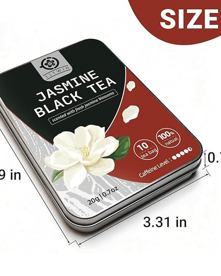 Jasmine Black Tea Bags, 3-Scented Loose Leaf in PLA teabag - Bitterness-Free, Naturally Sweet & Mellow, 10 Count Portable Tin