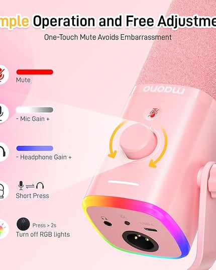 MAONO Dynamic Gaming Microphone: USB XLR Dynamic Computer Microphone with Software-RGB PC Mic for Gamer-Podcast Mic for Streaming Recording Studio YouTube Content Creation Online Chat PD100X (Pink)