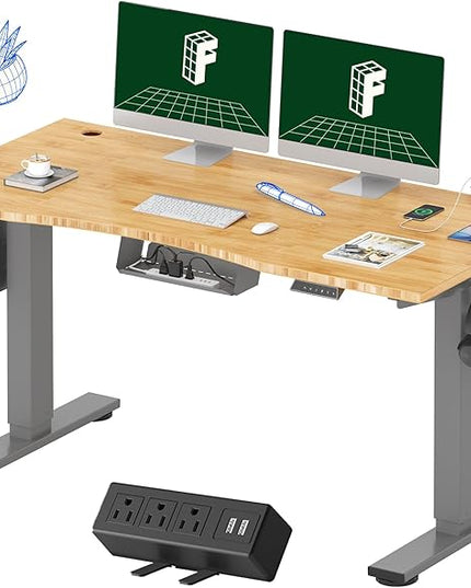 FLEXISPOT EN2 Whole-Piece Bamboo Standing Desk with Clamp Power Strip, 55 x 28 Electric Stand Up Height Adjustable Desk with Cable Management (Grey Frame + 55" Bamboo Top, 2 Packages)