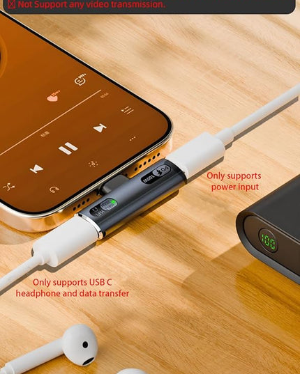 USB C Splitter with 100W Fast Charging, Dual USB C Headphone and Charger Adapter Dongle for iPhone 16/15 Series, iPad, MacBook, Galaxy S24/S23 and More - Grey (No for Power and Video Output)
