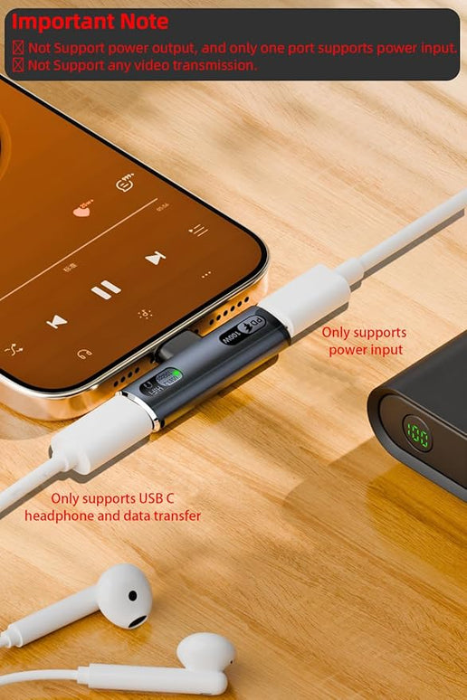 USB C Splitter with 100W Fast Charging, Dual USB C Headphone and Charger Adapter Dongle for iPhone 16/15 Series, iPad, MacBook, Galaxy S24/S23 and More - Grey (No for Power and Video Output)
