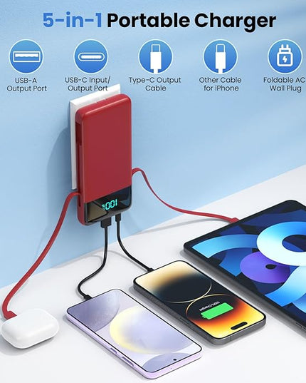 FOCHEW Portable Charger for iPhone with Built in Cables and Wall Plug,Upgraded 13800mAh Fast Charging USB C Power Bank,4 Outputs Travel Essential Battery Pack Compatible with iPhone 15/14/13/12,-Red