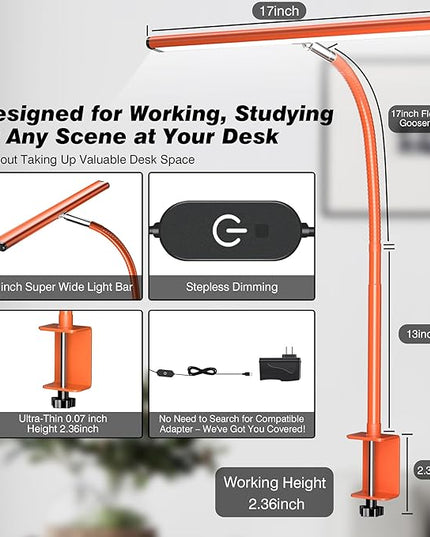 LED Desk Lamp for Office Home, Eye-Caring Desk Light with Stepless Dimming Adjustable Flexible Gooseneck, 10W USB Adapter Desk Lamp with Clamp for Reading, Study, Workbench (Orange)