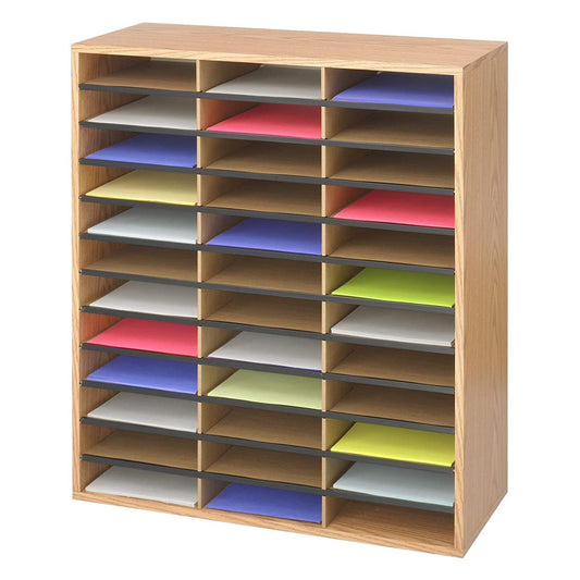 Safco Literature Organizer, 36 Compartments, Office and Classroom Mailbox with Adjustable Shelves, Wood Paper and Mail Sorter, Medium Oak