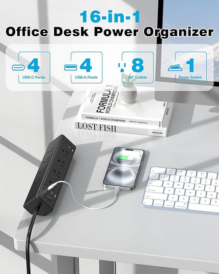 Desk Clamp Power Strip, 40W Total Fast Charging Station, Desk Edge Mount Power Strip, 8 USB Ports(4 USB C) & 8 AC Outlets, Fit 1.9" Tabletop Edge(6Ft 14AWG Cable)