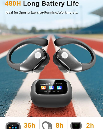 Wireless Earbuds, ANC Noise Cancelling Sport Ear Buds with Multifunctional Touch Screen Case, Bluetooth 5.4 Headphones, Bass Stereo Sound, 5 EQ Over-Ear Earbuds for Sports/Workout/Gym-Grey
