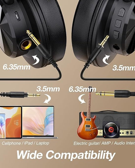 OneOdio A70 Bluetooth Over Ear Headphones, Wireless Headphones with 72H Playtime, Hi-Res, Built-in Mic, 3.5mm/6.35mm Wired Audio Jack for Studio Monitor & Mixing DJ Guitar AMP, Computer PC Gaming