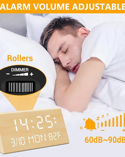 Kogonee Wooden Digital Alarm Clock, 0-100% Dimmer, 2 Alarm Settings, Weekday/Everyday Mode, 9 Mins Snooze, 12/24H, Temperature and Date Display for Office, Travel, Bedroom Alarm Clock (Bamboo)