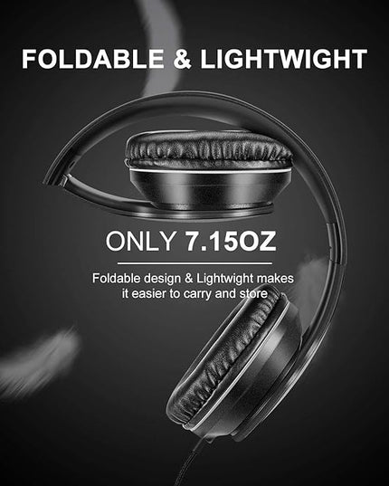 LORELEI X6 Over-Ear Wired Stereo Bass Headphones with Microphone, Lightweight, Foldable & Portable with 1.45M No-Tangle for Smartphone, Tablet, MP3/4, Space Black